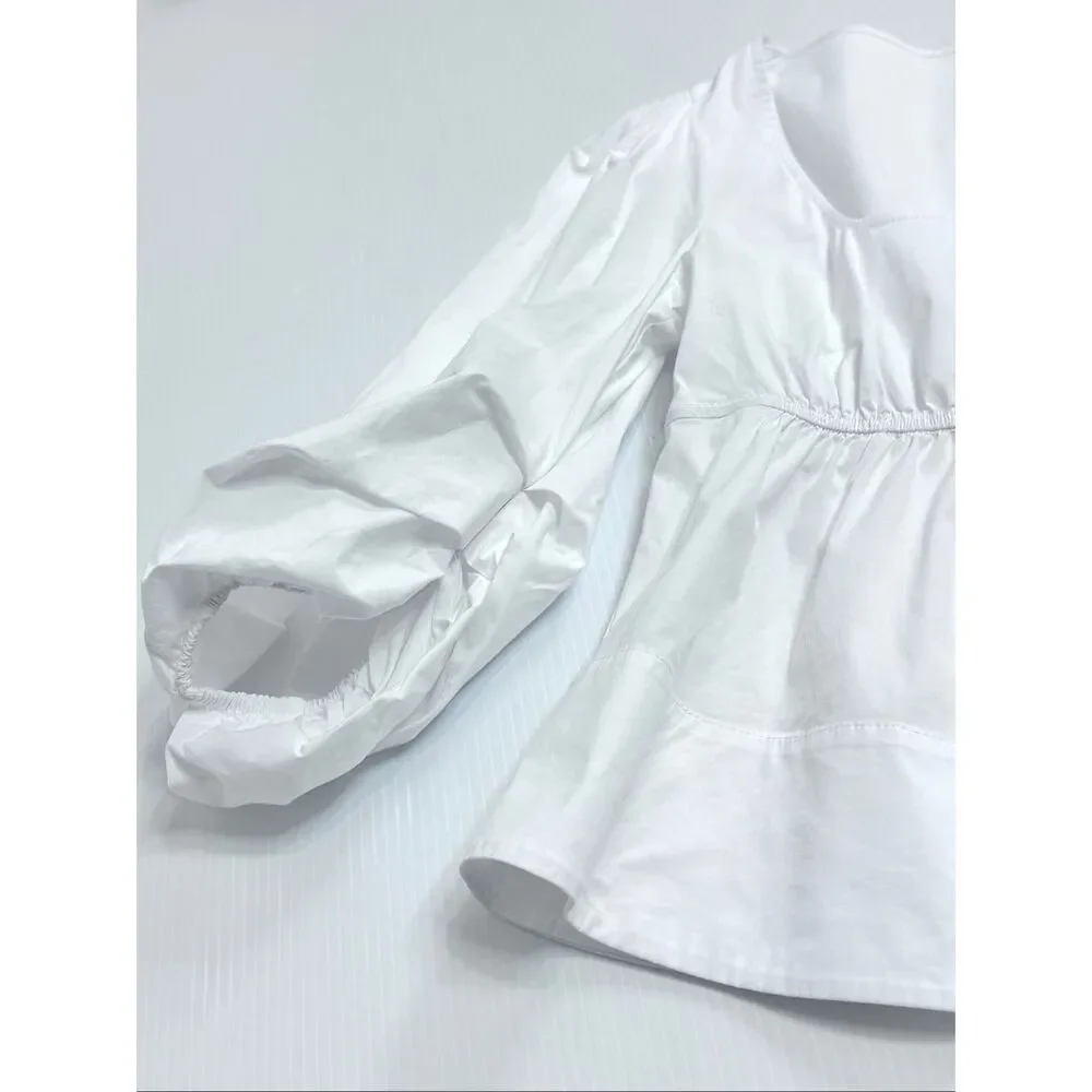 STAUD Sophie Blouse M White Square Neck Babydoll Peplum Puff Sleeve Top